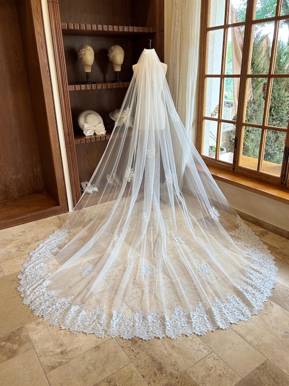 New elegant 1T cathedral veil sequins & lace edges One-tier Lace Edge Tulle Cathedral Veils with Appliques  main image 4