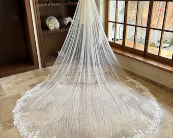 Elegant Off White Long Veil With Floral Applique And Beadwork Elegant Off White Long Veil With Floral Applique And Beadwork main image 2