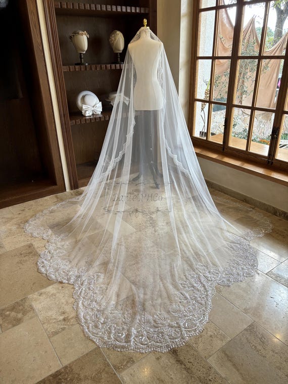 Sequined Lace Mantilla Wedding Veil, Irregular Hem Bride 