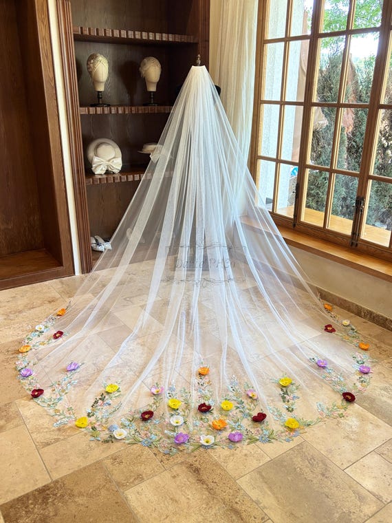 3D Floral Embroidered Tulle Wedding Veil BELLA | 3D Floral Wedding Veil | Handmade Bridal Veils by  main image 4