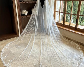 Elegant Floral Lace Wedding Cape, 3D Flower Bridal Cape Veil, V Back Lace Cape Veil, Long Cathedral Wedding Cape, Shoulder Cape with Pins