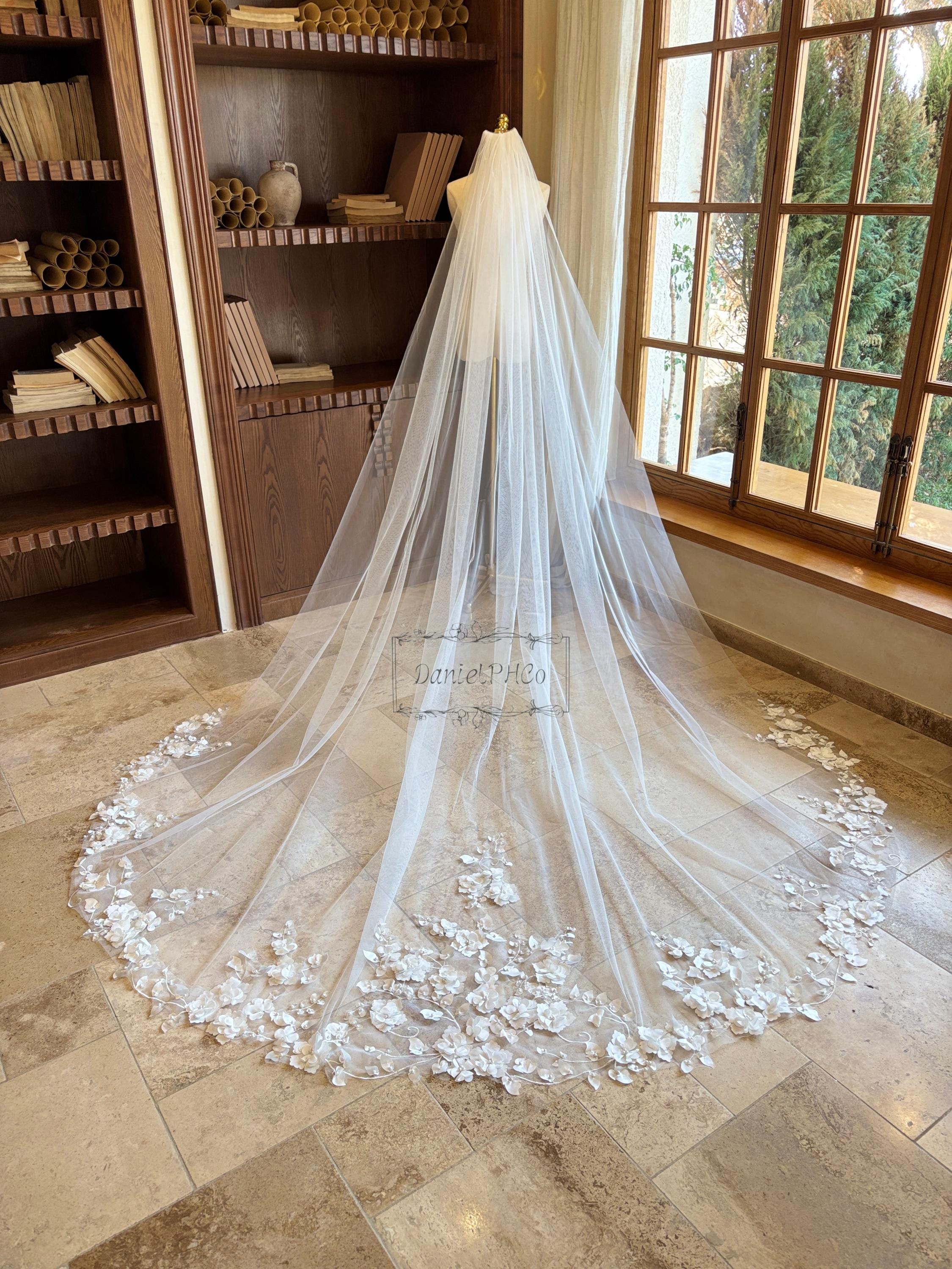 Ivory Cathedral Wedding Veil, 3D Floral Bridal Veil, Flower  display picture 2