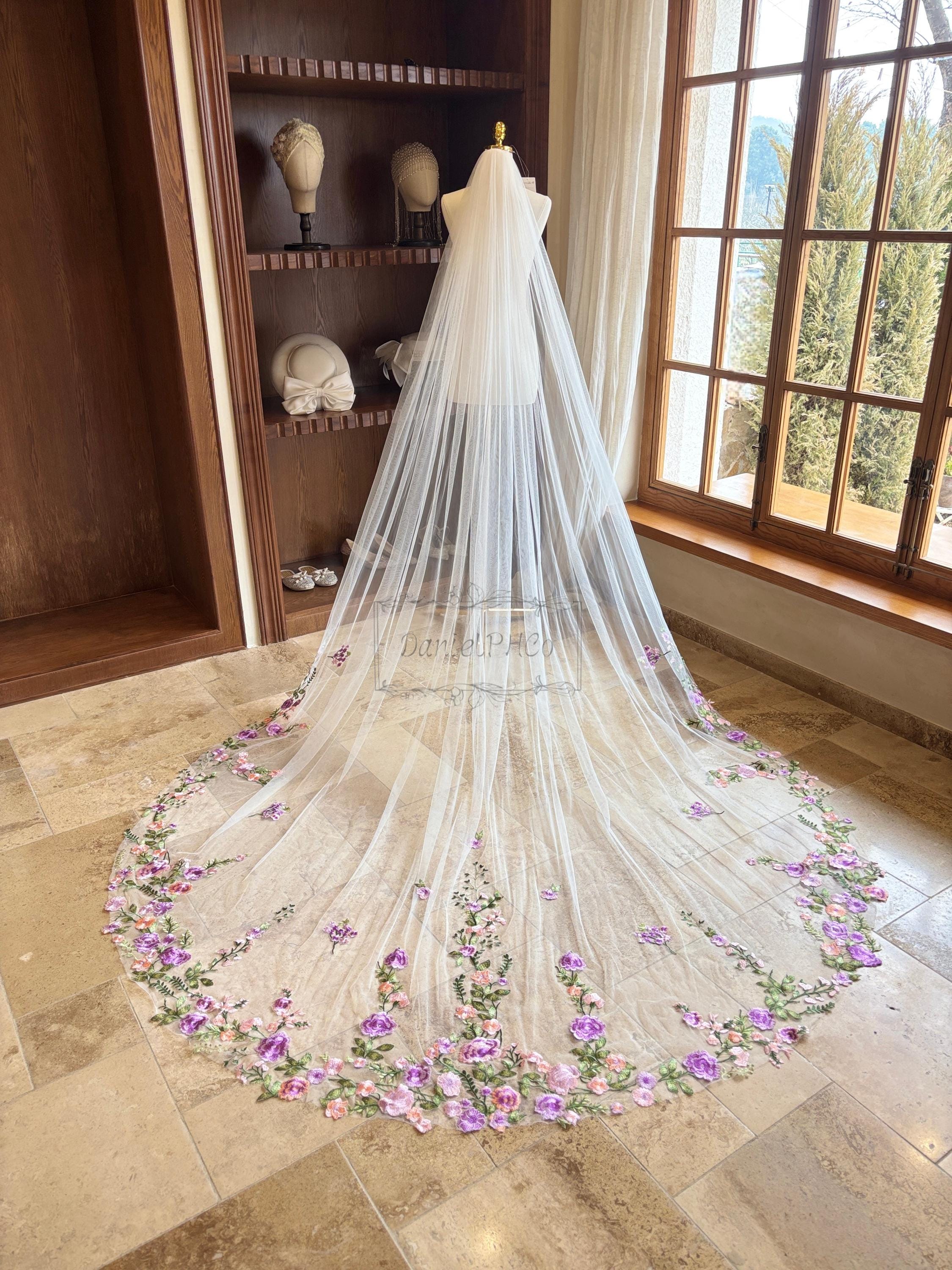 Elegant Purple Floral Hair Veil Floral Wedding Veil Purple - Etsy main image 4