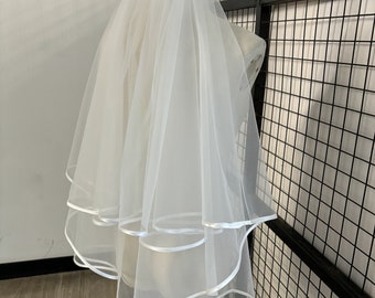 Double Layers Veil, Short Bridal Veil with Satin Edge, Blusher Wedding Veil with Comb, Ivory Tulle Veil, Minimalist Bridal Veil, Simple Veil