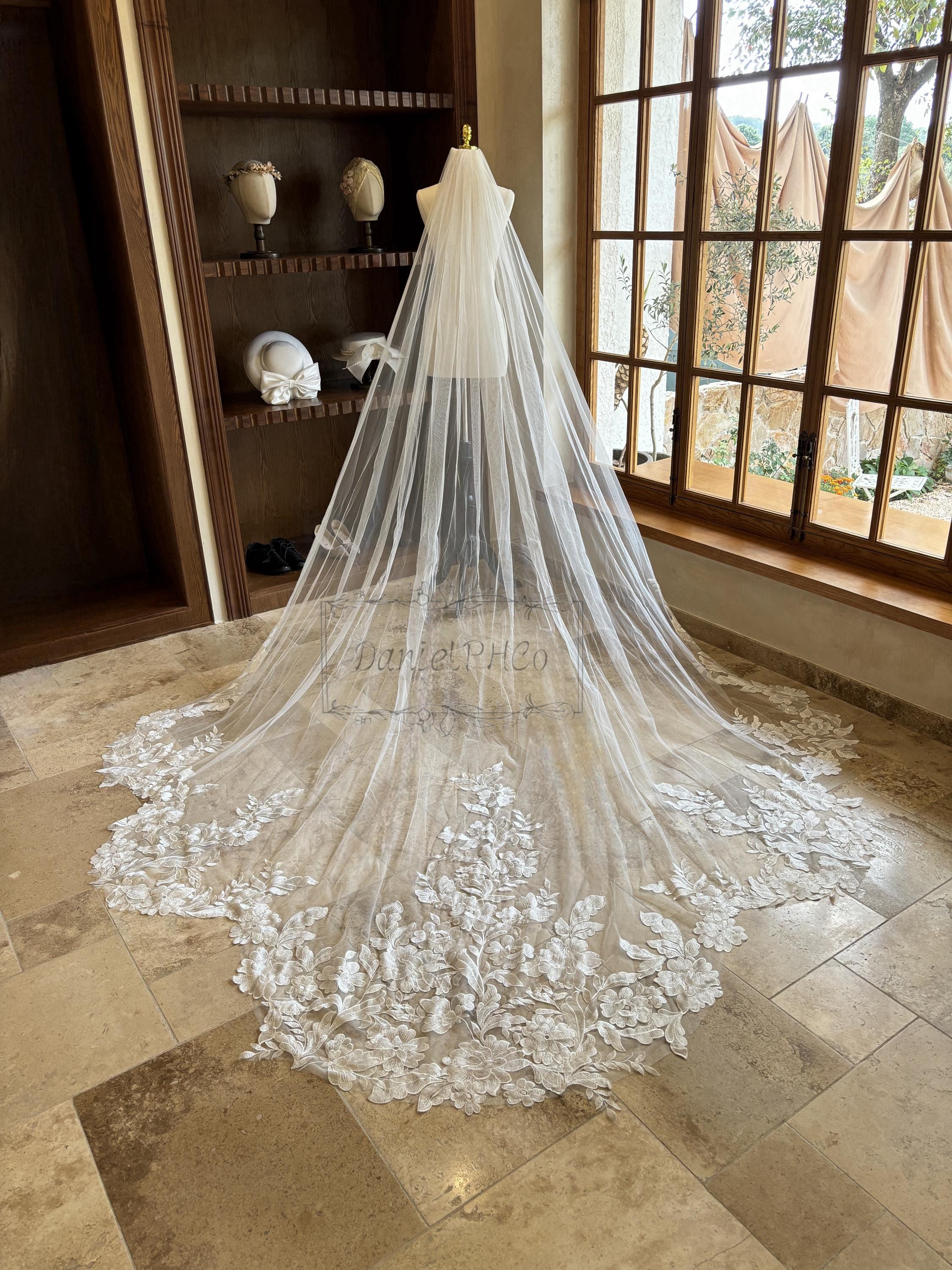 ? CATHEDRAL VEIL floral lace appliqué border 2-Tier Bridal Veil in IVORY 118” 52318E2F-9544-43CD-9F06-  main image 3