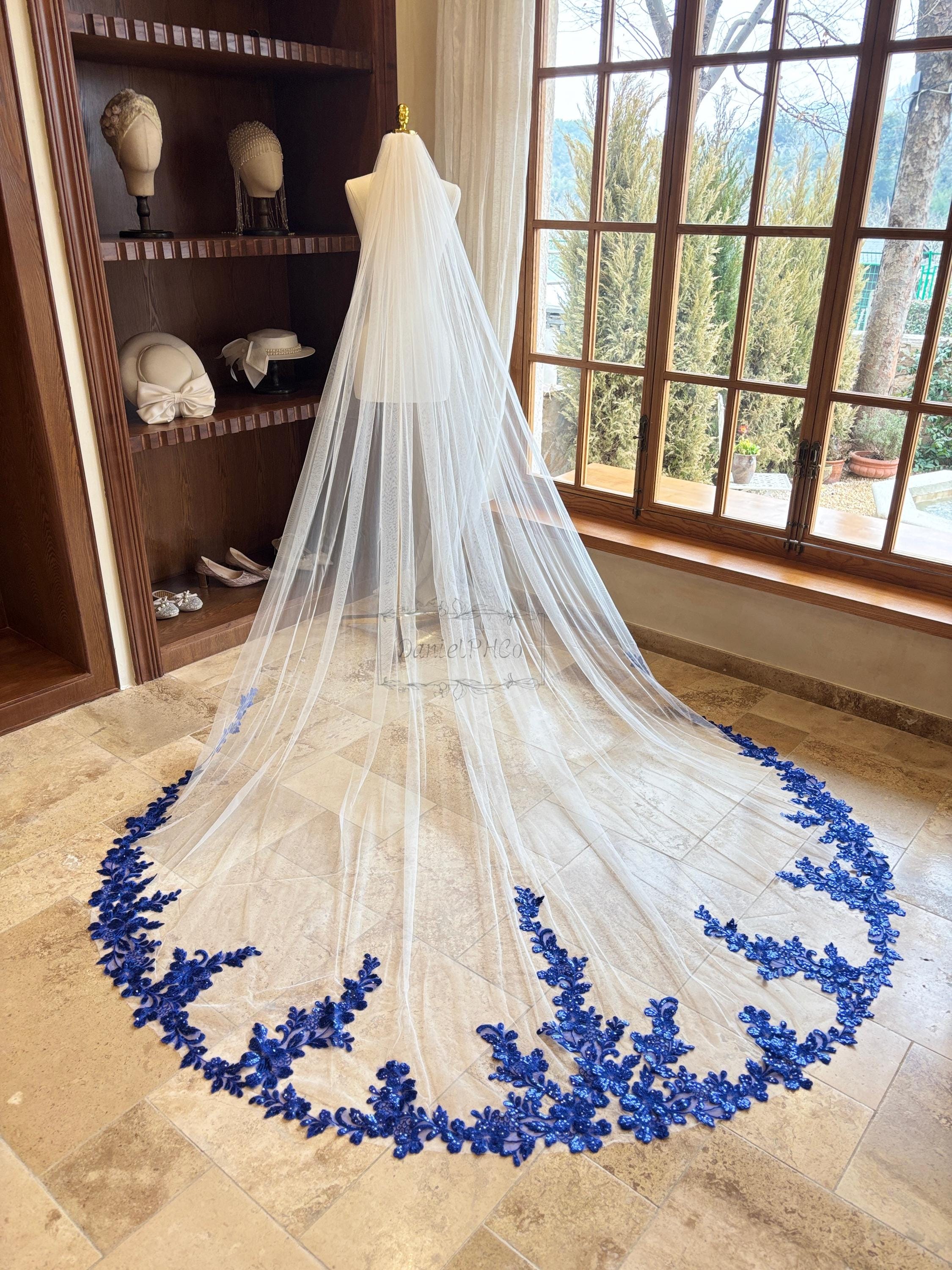 Navy Blue Sequined Flower Wedding Veil, Floral Lace Cathedral Veil