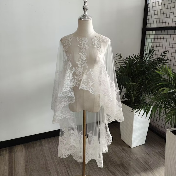 Stylish short front and long back cape,lace cape soft tulle bridal cover up romantic lace wrap beautiful cape bridal separates bridal shawl