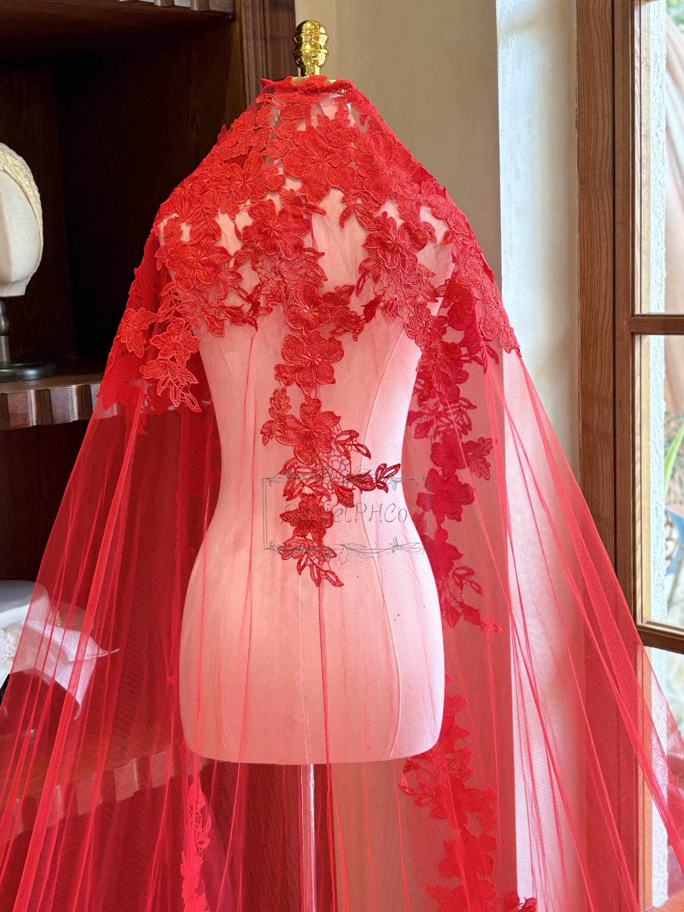 Red Lace Rhinestone Cathedral Veil – Mantilla Style Red Lace Edge Wedding Veil, Floral Mantilla Veil With Comb  main image 3