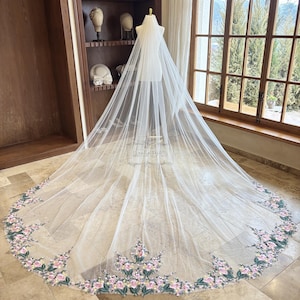 Colourful Flower Lace Wedding Veil, Retro Cathedral Wedding Veil, Pink Flower Veil, Green Leaf Lace Veil, Lace Bridal Veil, Soft Tulle Veil