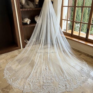 Luxury Beaded Wedding Veil, Silver Sequin Bead Flower Lace Veil, Floral Lace Wedding Veil, Long Cathedral Veil, Elegant Bridal Lace Veil
