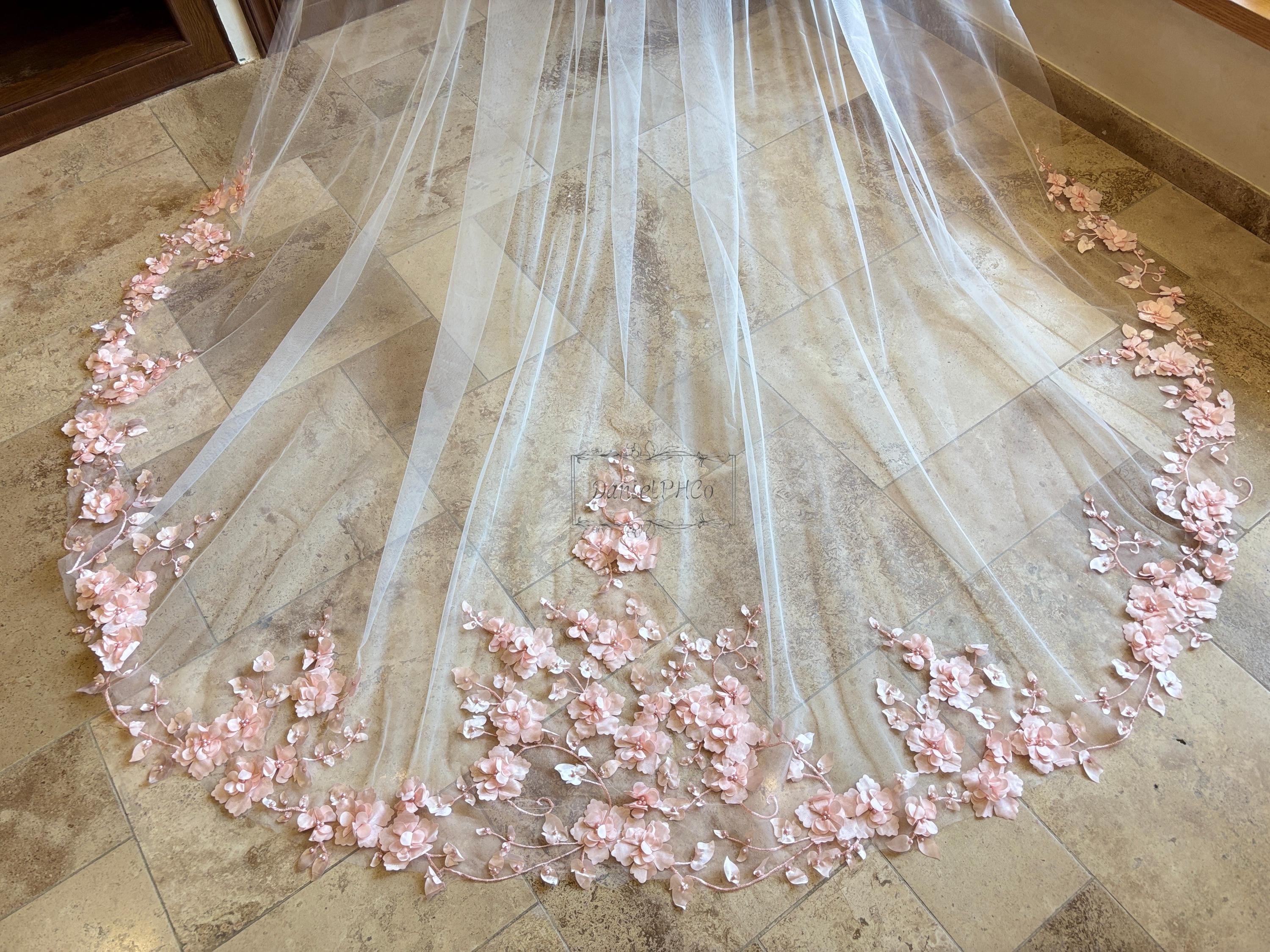 【新品】 NOTREémor tulle veil tops pink 3D Pink Flower Appliqués Cathedral Length Tulle Bridal Veil with