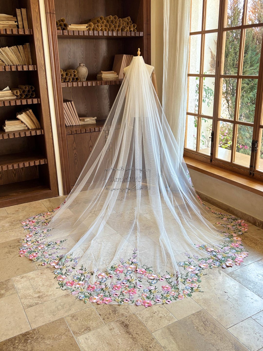 Romantic Colourful Flower Veil, Floral Lace Irregular Hem Bridal