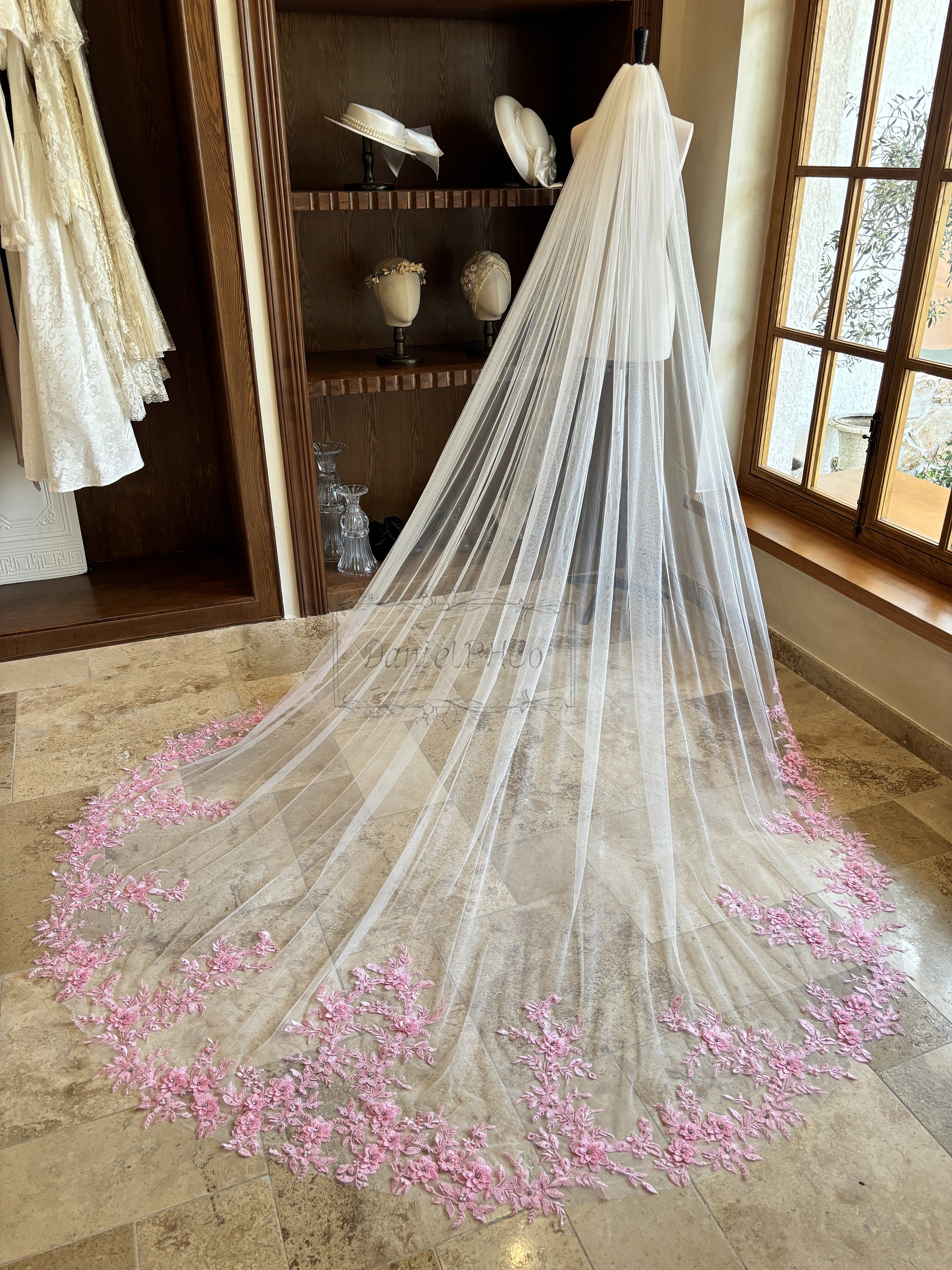 Romantic Pink Lace Wedding Veil, Floral Cathedral Veil With Pearl