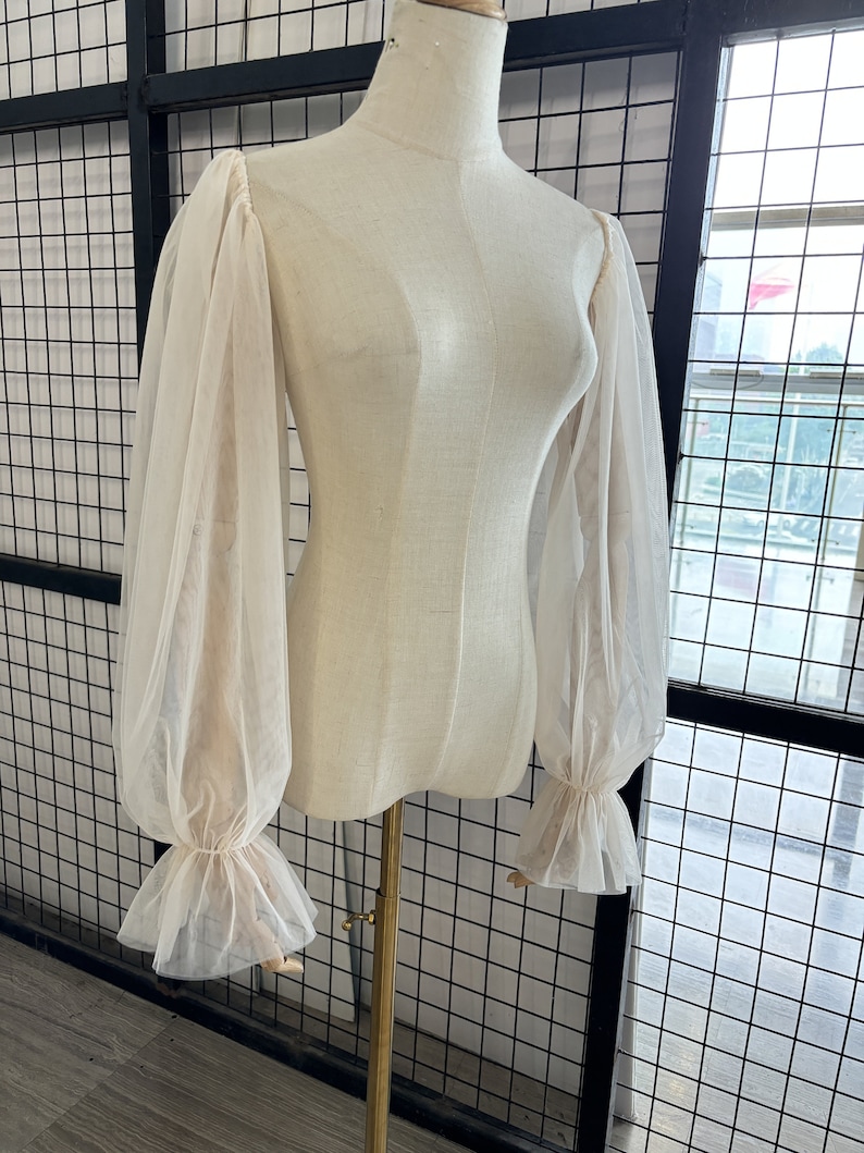 May include: A white sheer blouse with long, puffed sleeves and ruffled cuffs. The blouse is on a white mannequin.