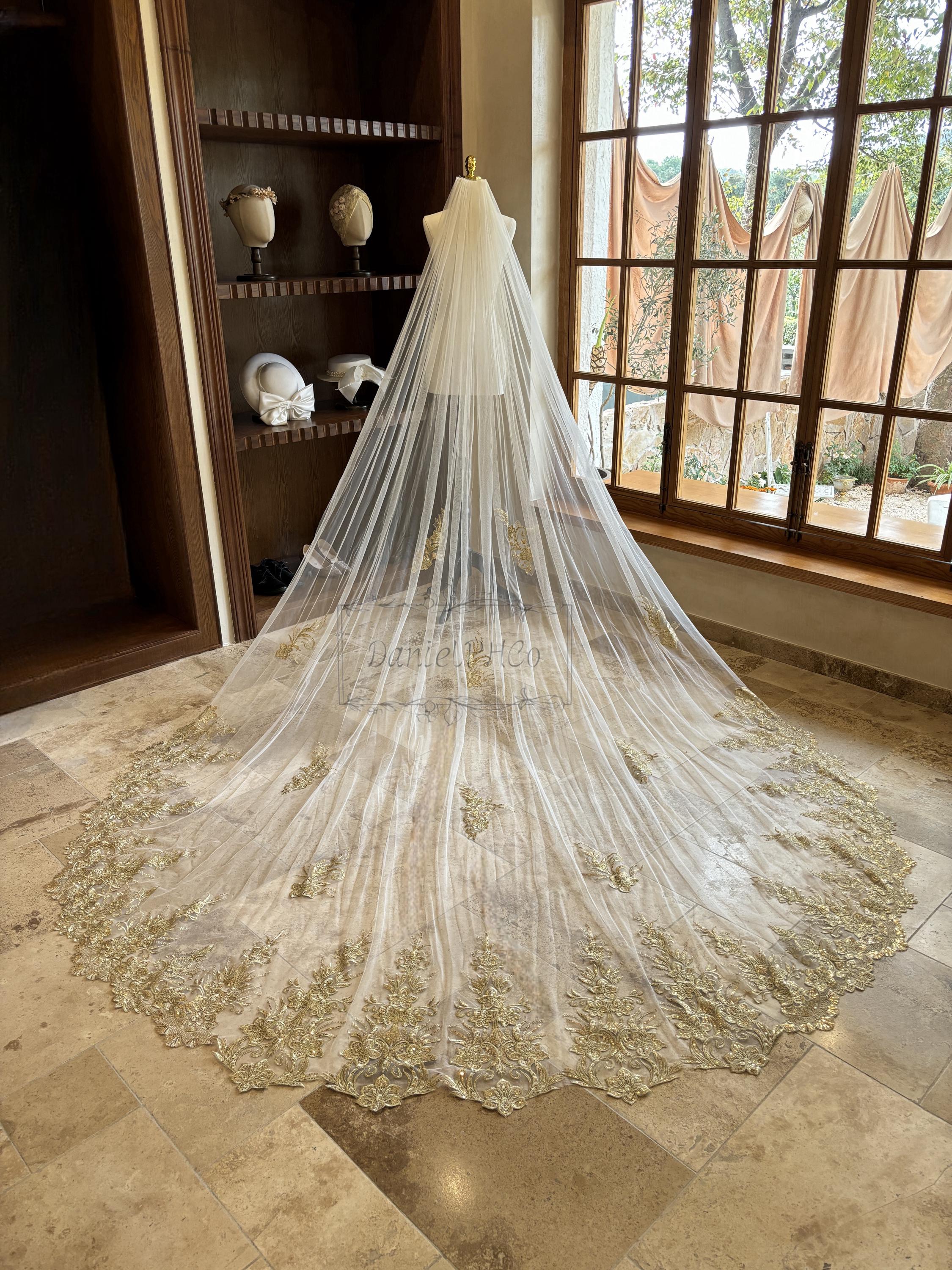 Gold embroidered long veil. Golden Lace Veil, Wedding Veil With Pearl Details, Scalloped  main image 2