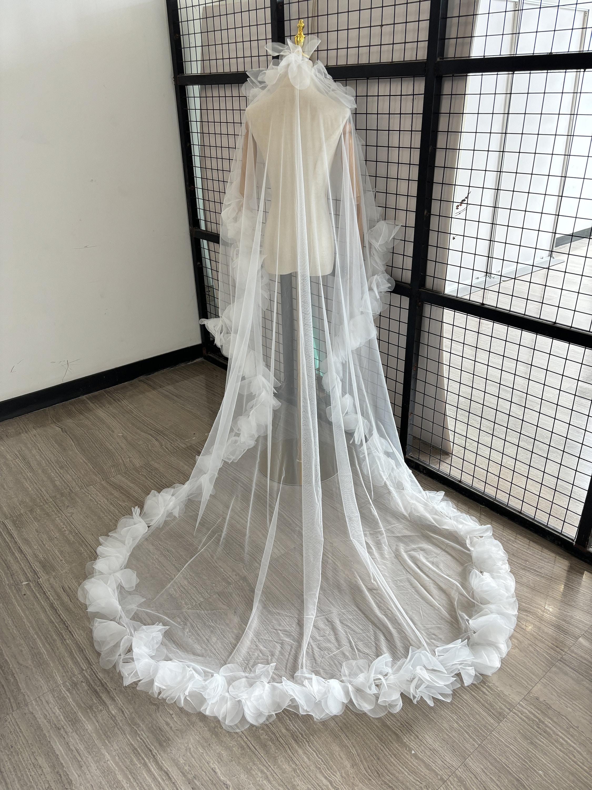 New Mantilla style custom Kleinfeld veil in Diamond White Tulle/White Lace. Cathedral Mantilla Veil with Eyelash Lace Trim, Lace Wedding  main image 4