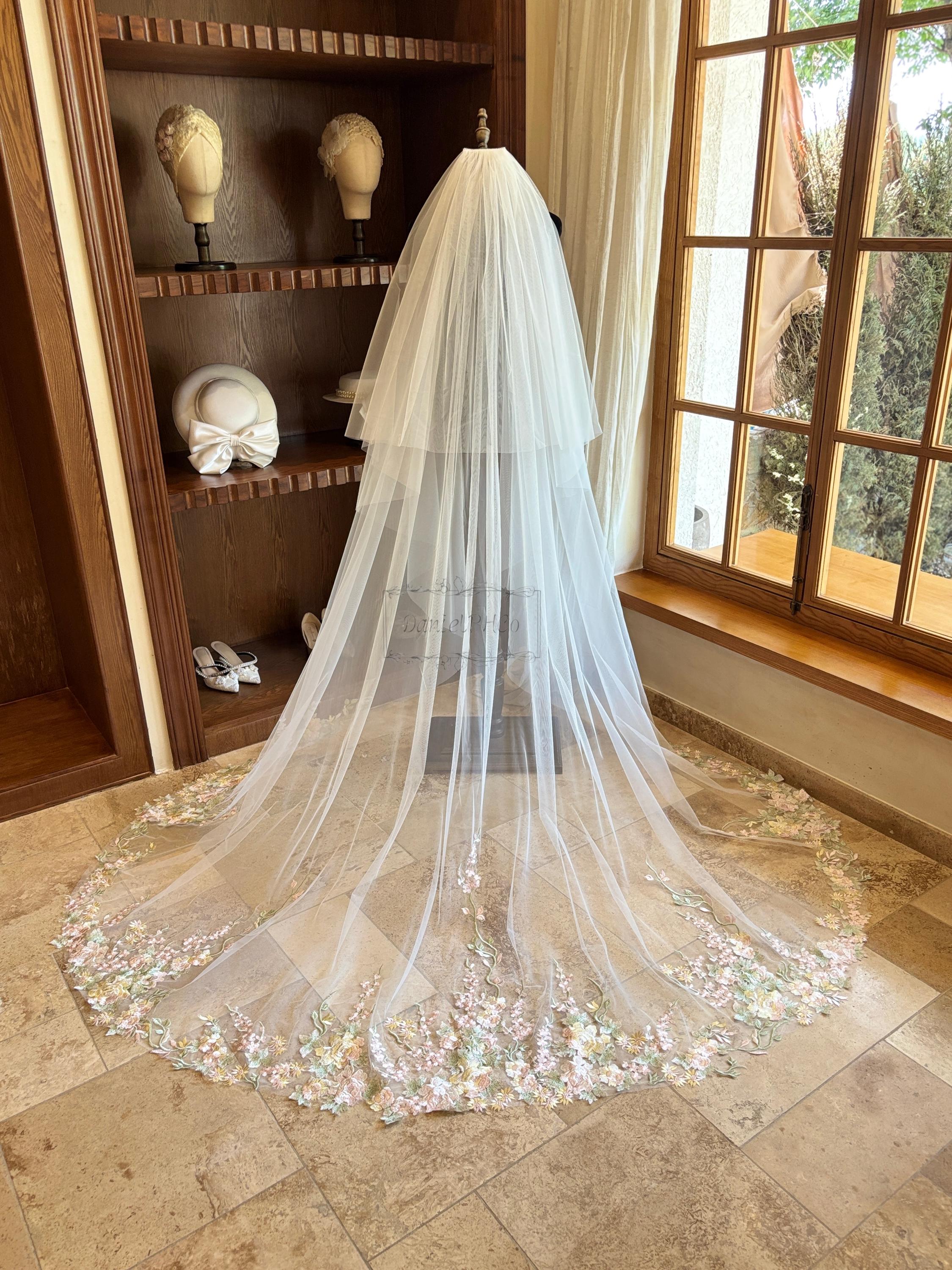 Colourful Flower Bridal Blusher Veil, Floral Lace Wedding 