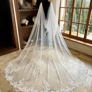 May include: A white tulle bridal veil with a scalloped lace trim. The veil is draped over a mannequin and has a long train.