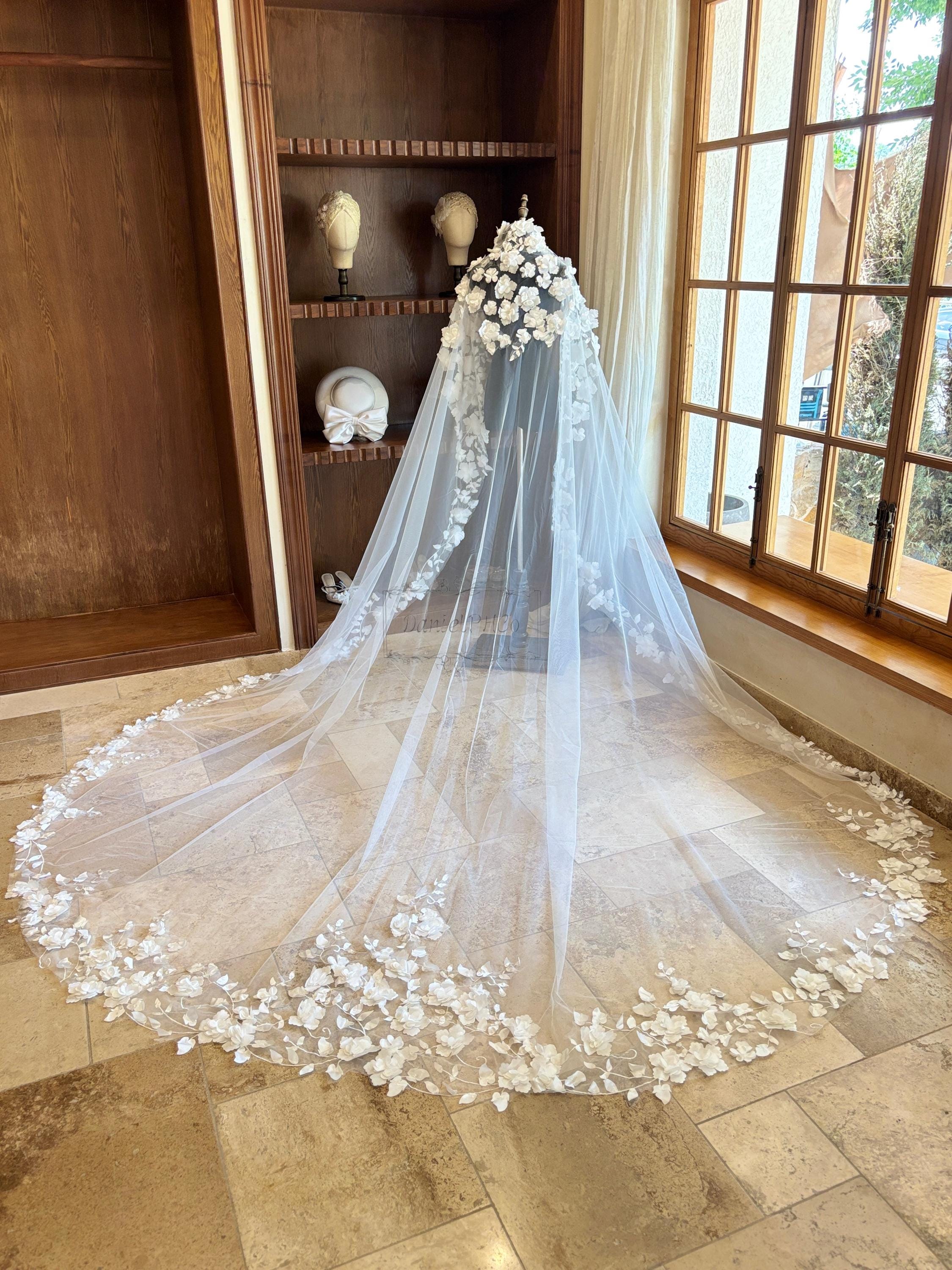 Cathedral Floral Lace Wedding Veil Cathedral Veil with Floral French Lace Trim, White/ Ivory  main image 2