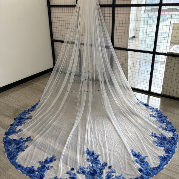 Vintage Royal Blue Floral Lace Wedding Veil, Long Cathedral Veil, 3D Flower Lace Wedding Veil, Soft Ivory Tulle Veil, One Tier with Comb