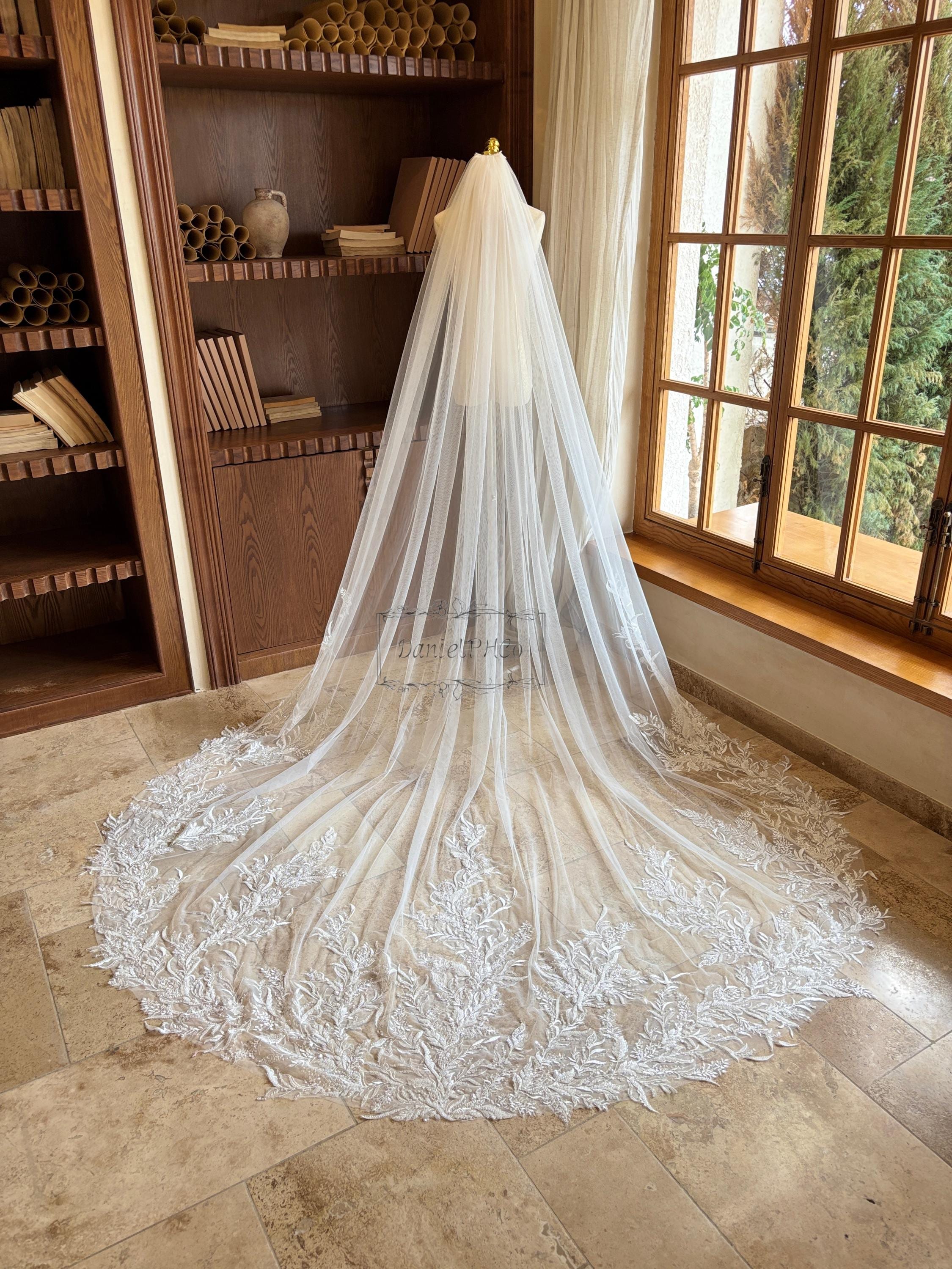 New White Cathedral Bridal Veil with Lace Appliqué & Comb Wedding Veil Scattered Lace Appliqué Veil - Cathedral – Danielle Frankel main image 2