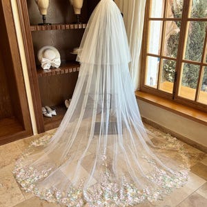 Colourful Flower Bridal Blusher Veil, Floral Lace Wedding Veil, Classic Cathedral Veil, Elegant Lace Veil, Two Tier Floral Bridal Veil