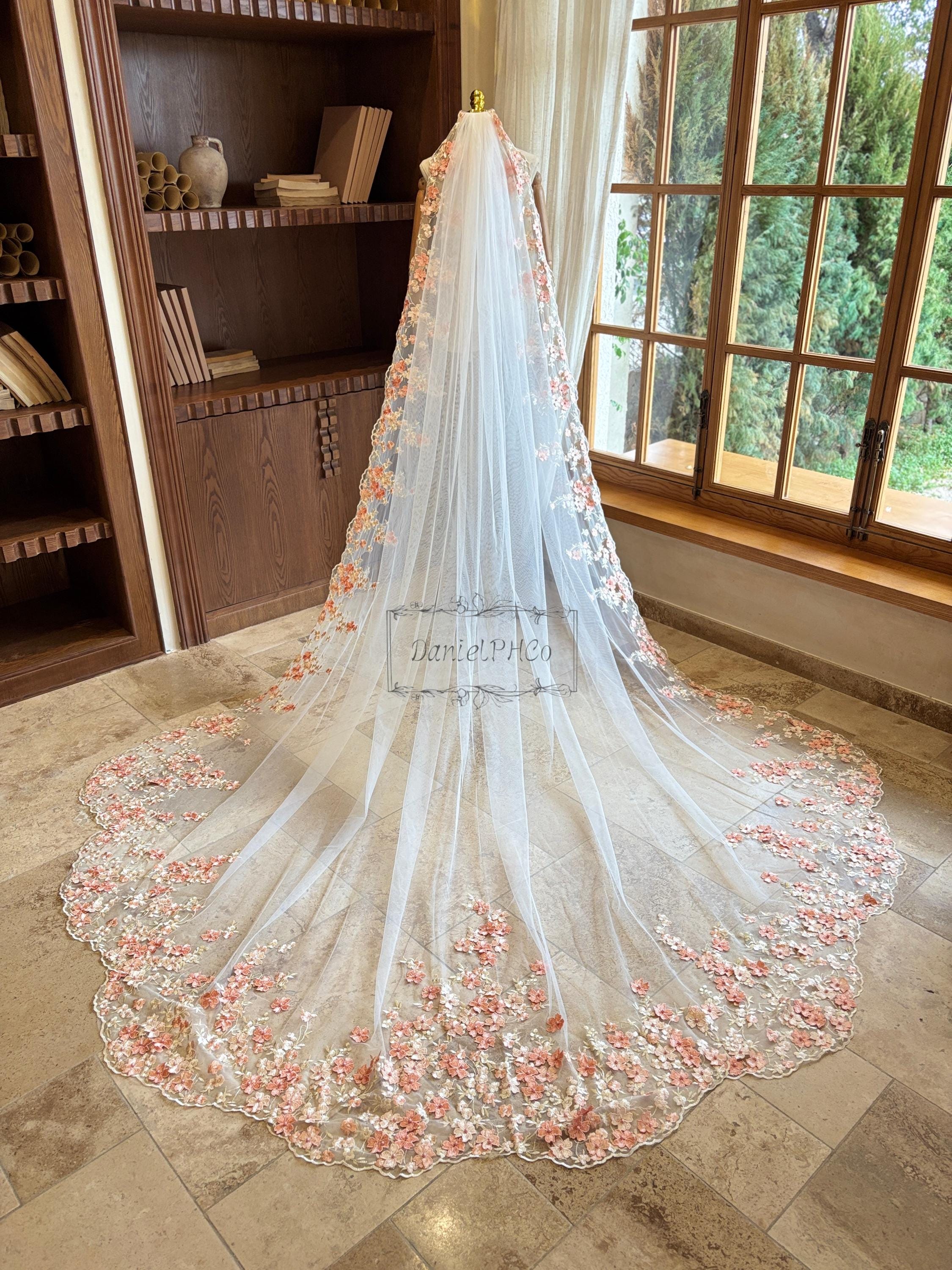 Vintage Orange Floral Lace Cathedral Wedding Veil, Petal Shape