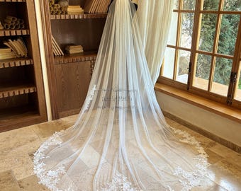 One Tier Cathedral Length Veil with Comb, Floral Lace Wedding Veil, Vintage Bridal Veil, Boho Lace Veil, Elegant Bridal Accessory