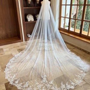 Sequined Lace Cathedral Veil, Vintage Lace Bridal Veil, Long Boho Wedding Veil, Flower Veil, Chapel Wedding Veil, Classic Veil, One Tier