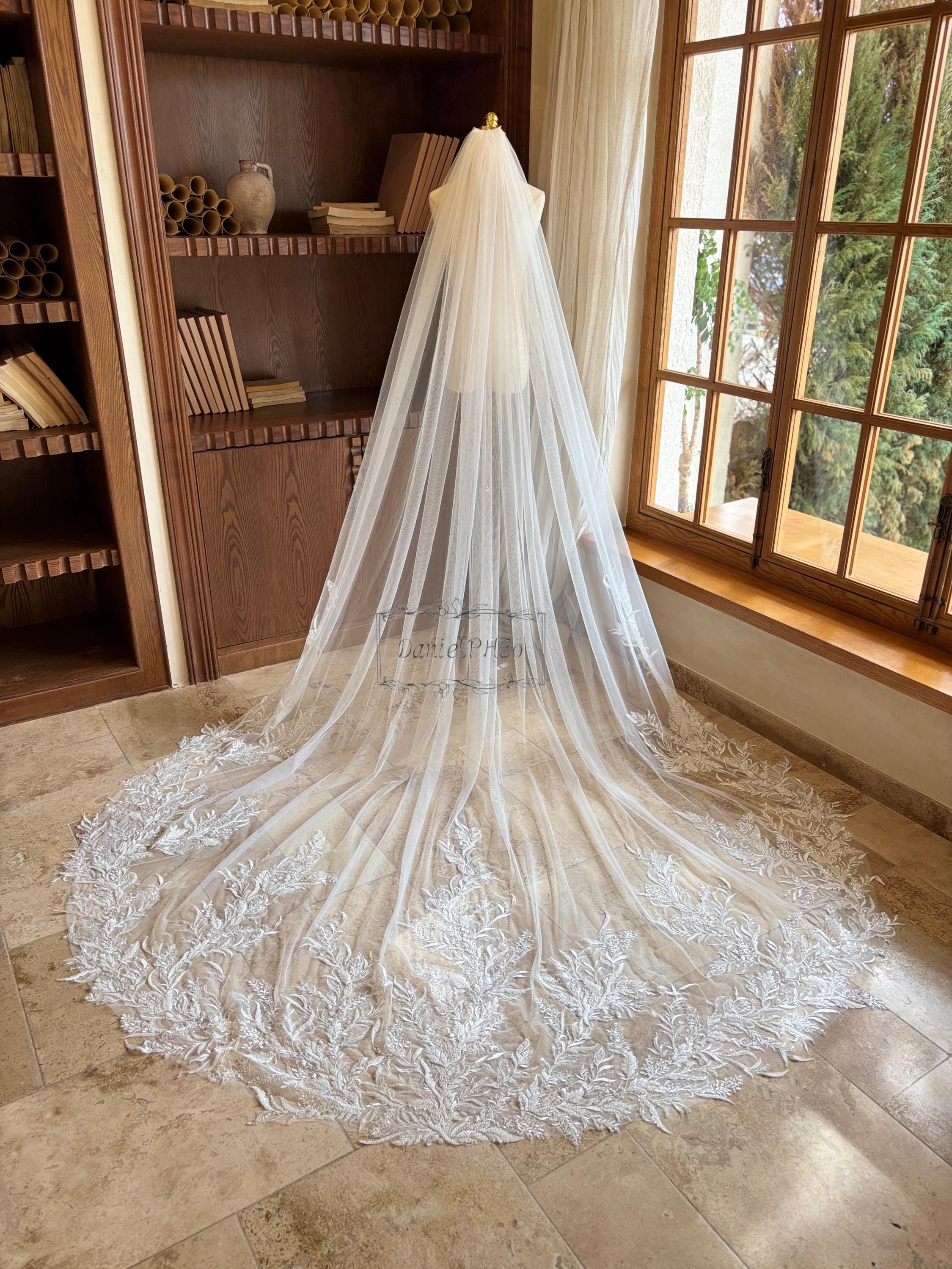 New White Exquisite Lace-Edged Cathedral Veil - Ultimate Bridal Elegance… TG1031L120: Cathedral Length Veil with Scalloped Sequin Lace  main image 4
