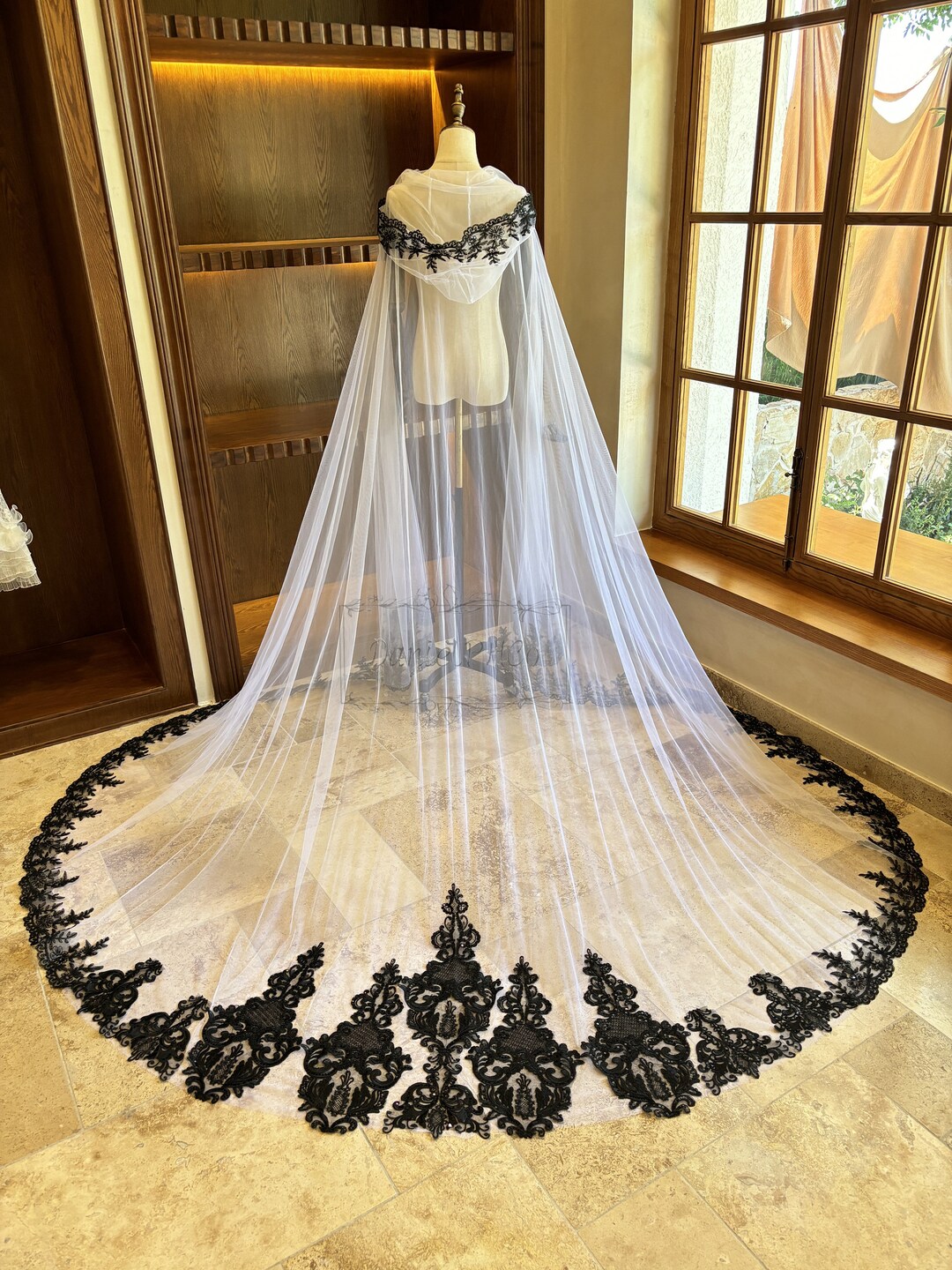 Black Lace Cape Veil/ Sequined Lace Wedding Cape/ Gothic Bridal
