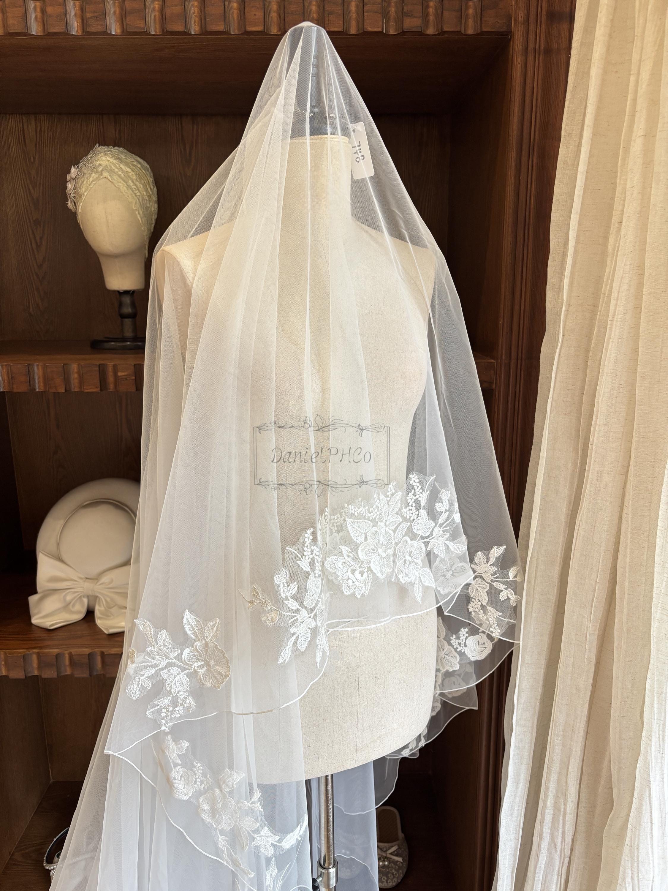 Vintage 2 Tier Wedding Veil & V- Secret Garter Delicate lace edged two tier wedding veil -  main image 3
