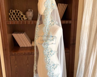 Lake Blue Mantilla Veil, Cathedral Lace Wedding Veil with Comb, Floral Bridal Veil, Vintage Lace Veil, Boho Wedding Veil