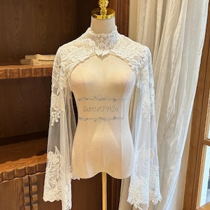 Sequined Floral Lace Wedding Bolero, Vintage Bridal Bolero with Bell Sleeves, Dreamy Bridal Long Sleeve, Lace Bridal Cover Up, Custom Sleeve
