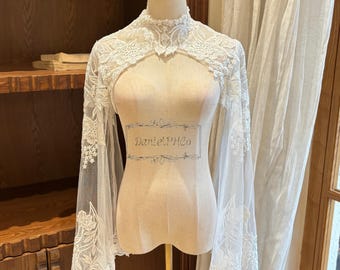 Sequined Floral Lace Wedding Bolero, Vintage Bridal Bolero with Bell Sleeves, Dreamy Bridal Long Sleeve, Lace Bridal Cover Up, Custom Sleeve