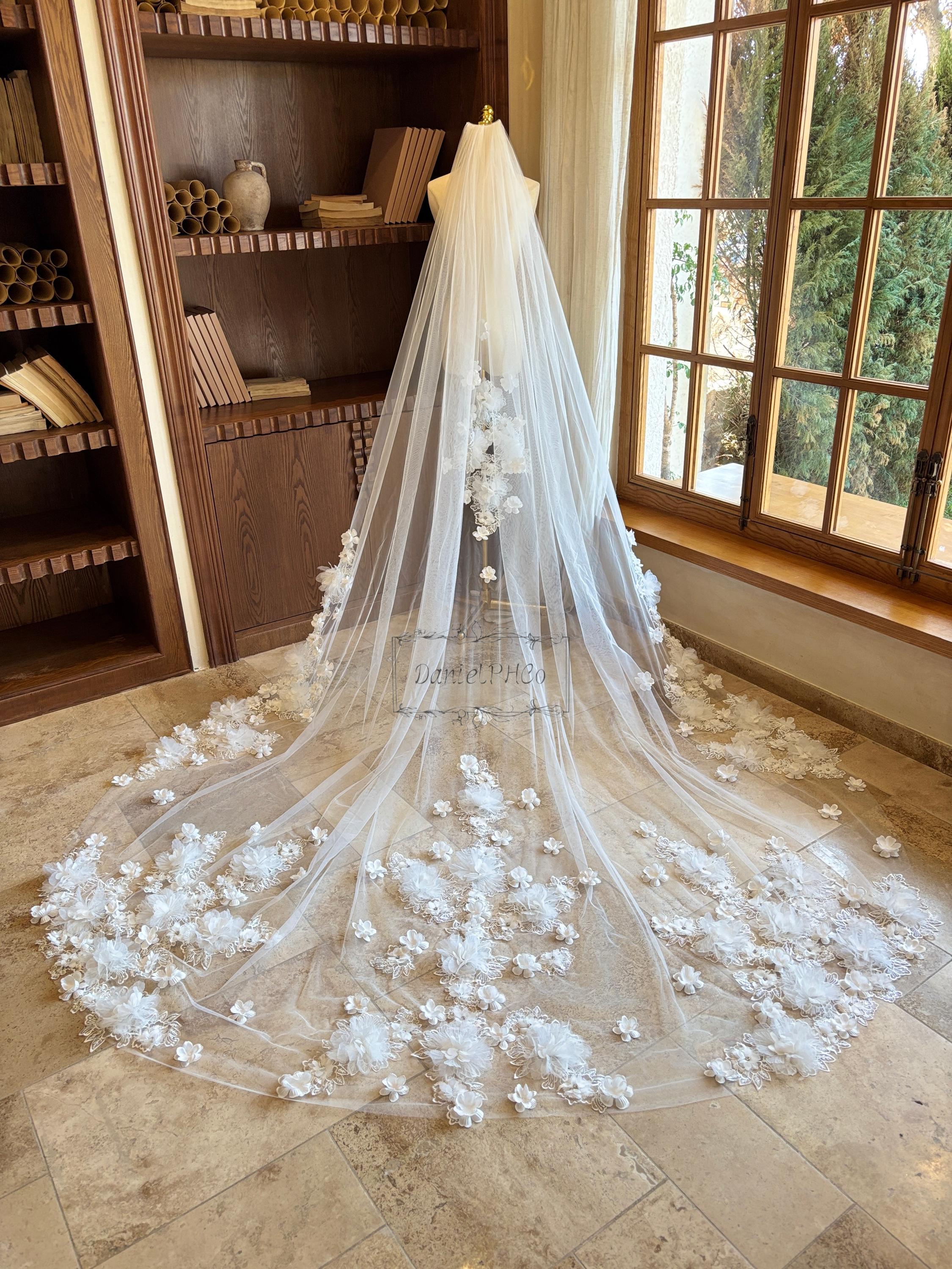3D Floral Wedding Veil: Handmade Nylon Fingertip Veil Bridal Bride 3D Flowers Wedding Veil | Based on love — Valery Bride main image 3