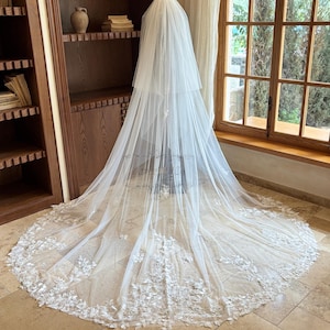 2 Tier Lace Cathedral Veil, Vintage Floral Lace Veil, Bridal Blusher Wedding Veil, Ivory Tulle Veil, Flower Chapel Veil, Boho Lace Veil