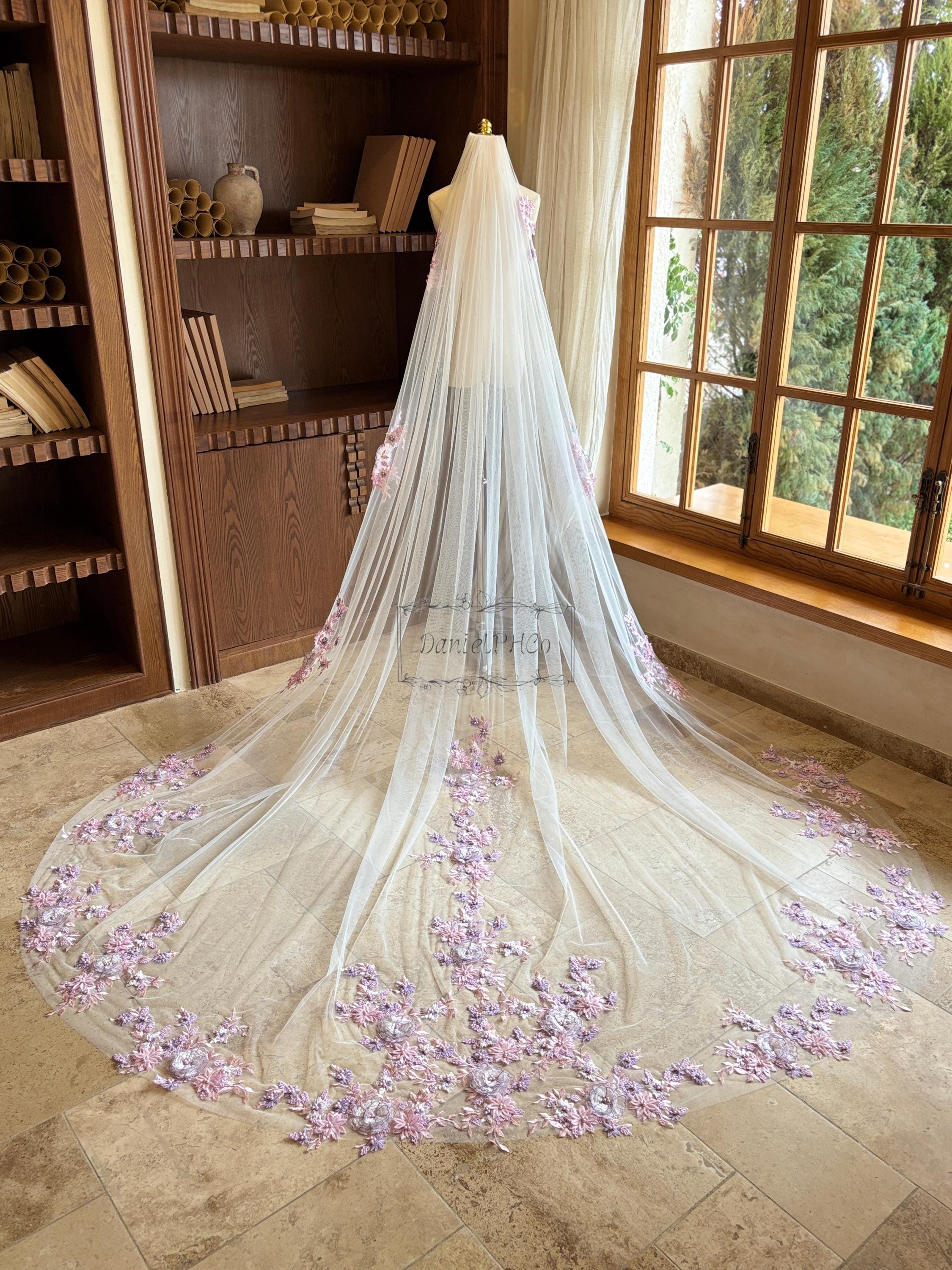 Romantic Purple Pink Flower Wedding Veil, 3D Flower Bridal Veil