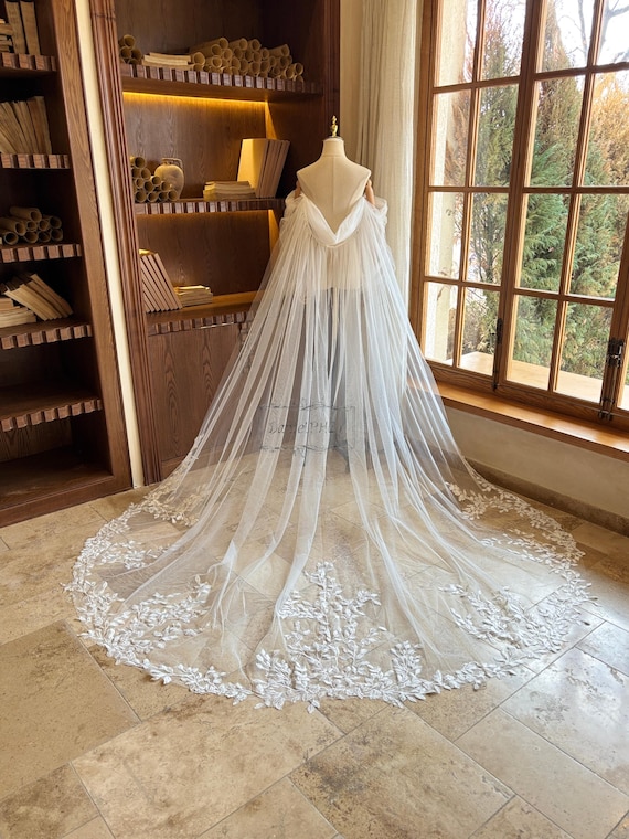 cape veil for off the shoulder dress White Mesh Veil Cape - Off-the-Shoulder Veil Cape - Bridal Cape