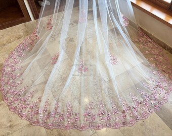 Fairy Pink Flower Lace Wedding Veil With Pearl, Retro Cathedral