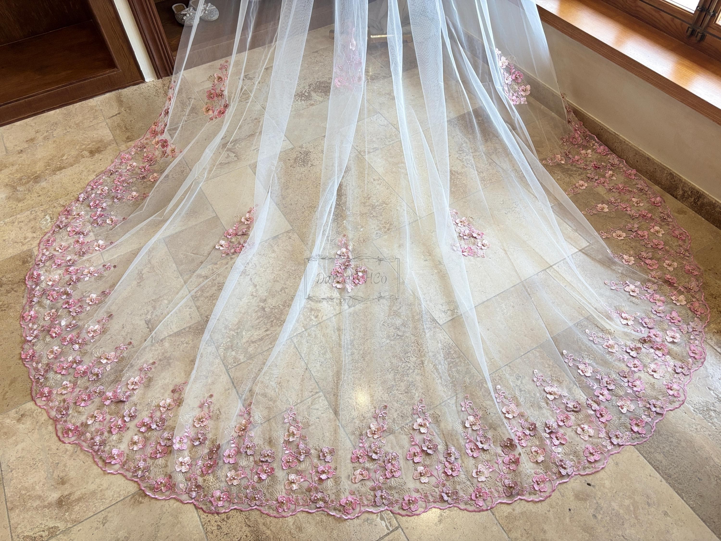 Fairy Pink Flower Lace Wedding Veil With Pearl, Retro Cathedral