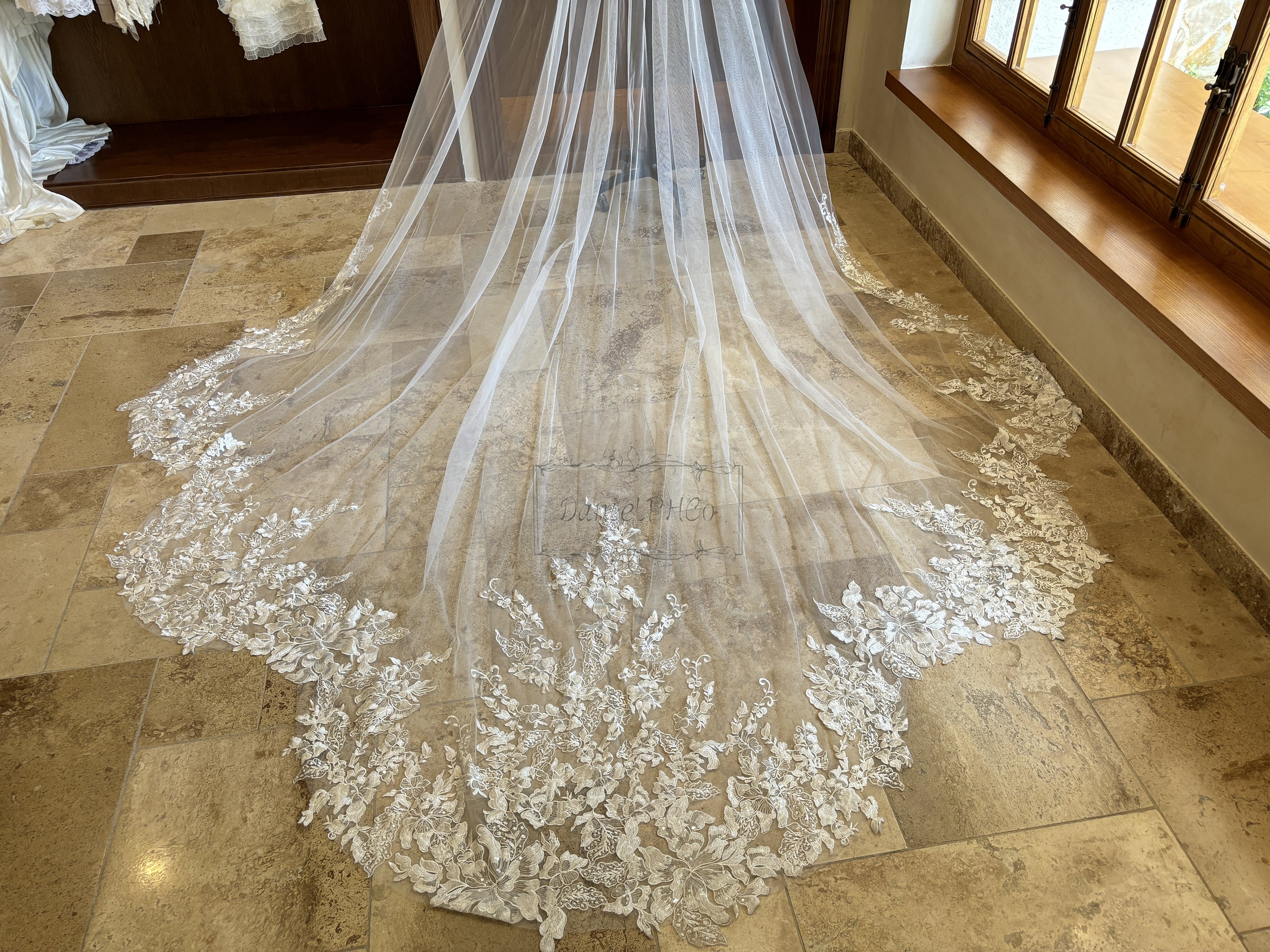 Ivory Tulle Bridal Veil with Flower Accent vintage inspired Floral Wedding Veils — Flowers Applied by Hand | Britten main image 2