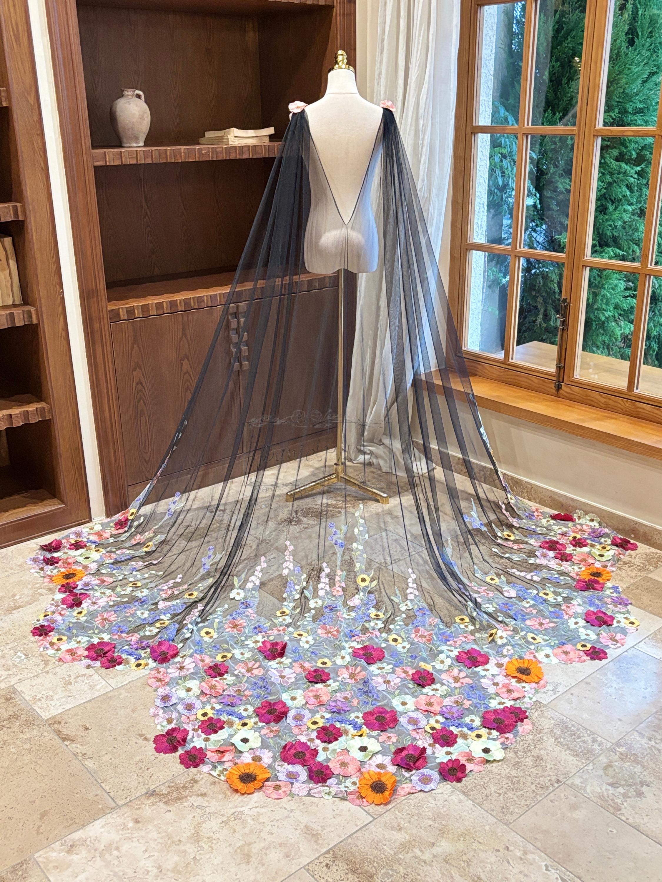 Colourful Flower Lace Cape, Black Tulle Wedding Cape With Pins