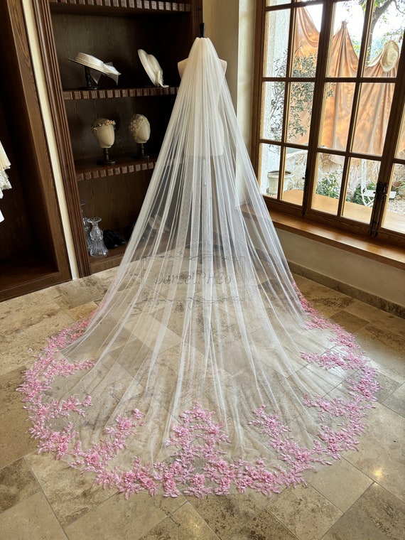 Romantic Pink Lace Wedding Veil, Floral Cathedral Veil With Pearl