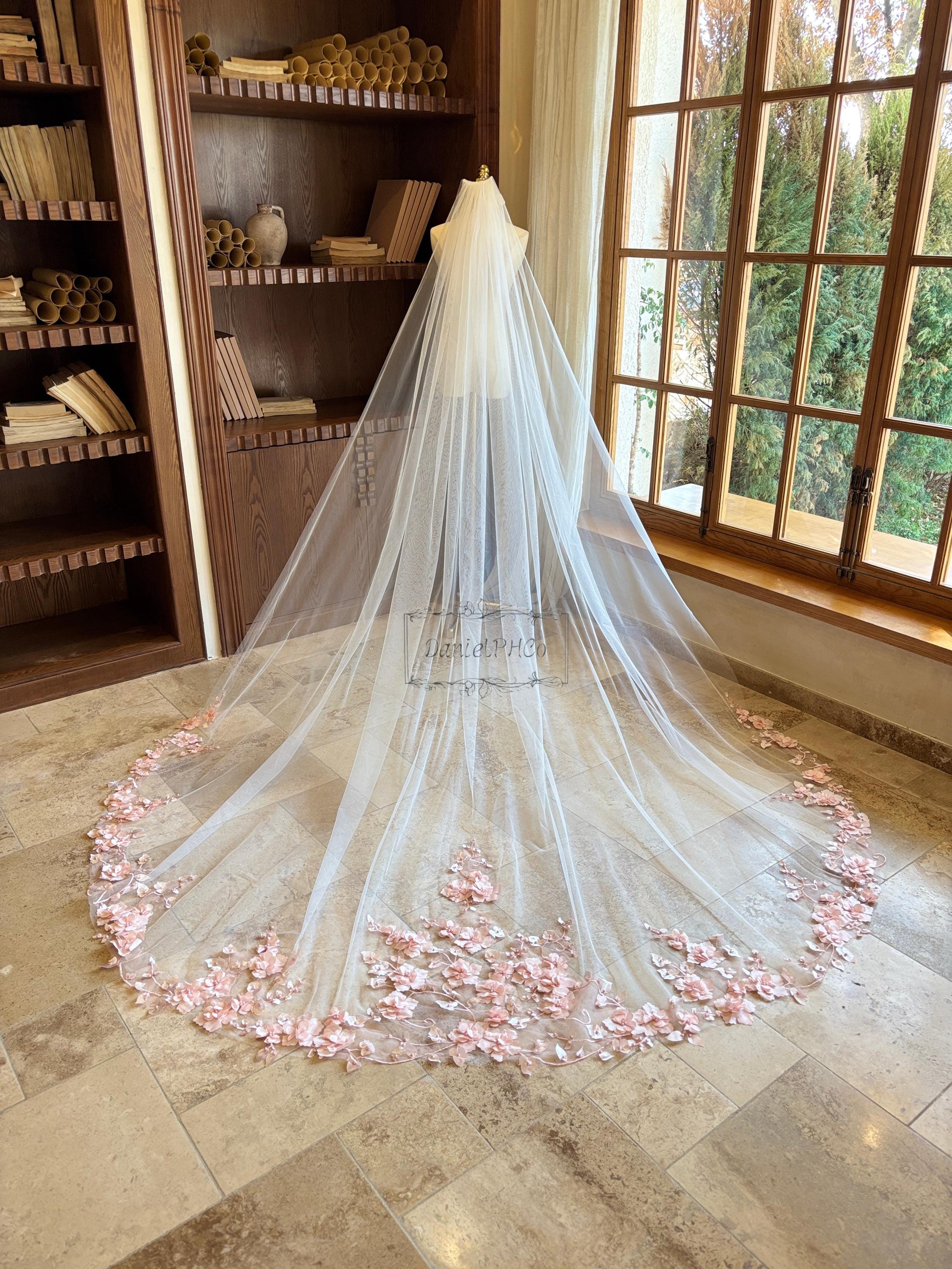 Romantic Pink Lace Cathedral Bridal Veil With Pearls, 3D  display picture 1
