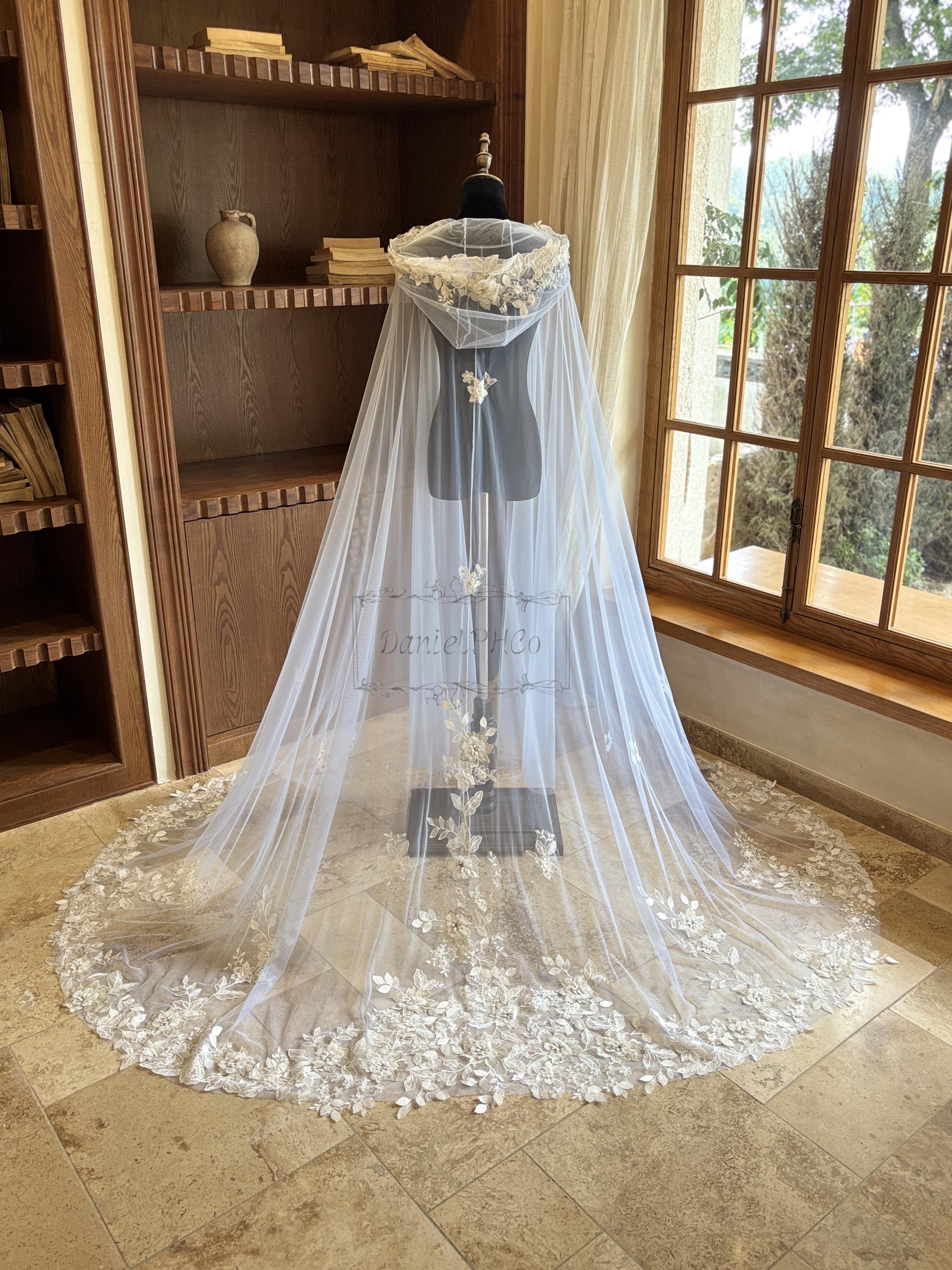 Fairy Blue Tulle Wedding Cape, Flower Lace Bridal Hooded Cape