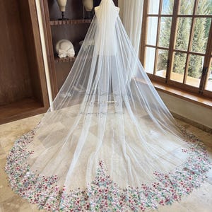 Retro Colourful Lace Wedding Veil, Lace Cathedral Wedding Veil, Red Pink Flower Veil, Leaf Lace Veil, Lace Bridal Veil, Soft Tulle Veil