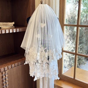 Lace Blusher Wedding Veil, Two Tiers Bridal Veil, Ivory Tulle Veil, Floral Lace Veil, Short Fingertip Veil, Floral Elbow Veil, Lace Veil