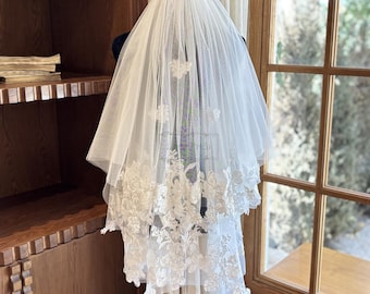 Lace Blusher Wedding Veil, Two Tiers Bridal Veil, Ivory Tulle Veil, Floral Lace Veil, Short Fingertip Veil, Floral Elbow Veil, Lace Veil