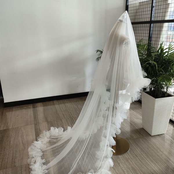 Special floral bridal veil, romantic flower veil, minimalist blusher Veil, special design wedding veil, flower edge veil, ivory, two tiers